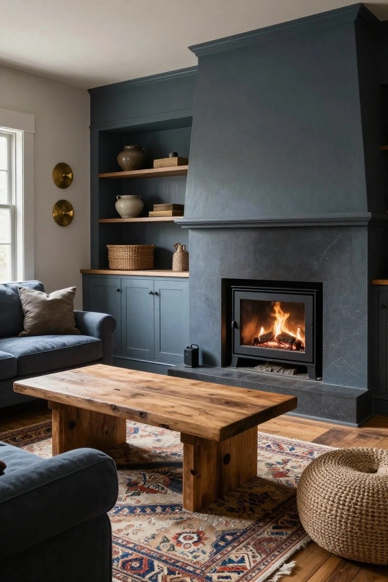 A cozy living room with a dark stone fireplace flanked by navy blue built-in cabinets and open shelves holding pottery and baskets, a navy sofa, wooden coffee table, patterned rug, and woven pouf on hardwood floors.