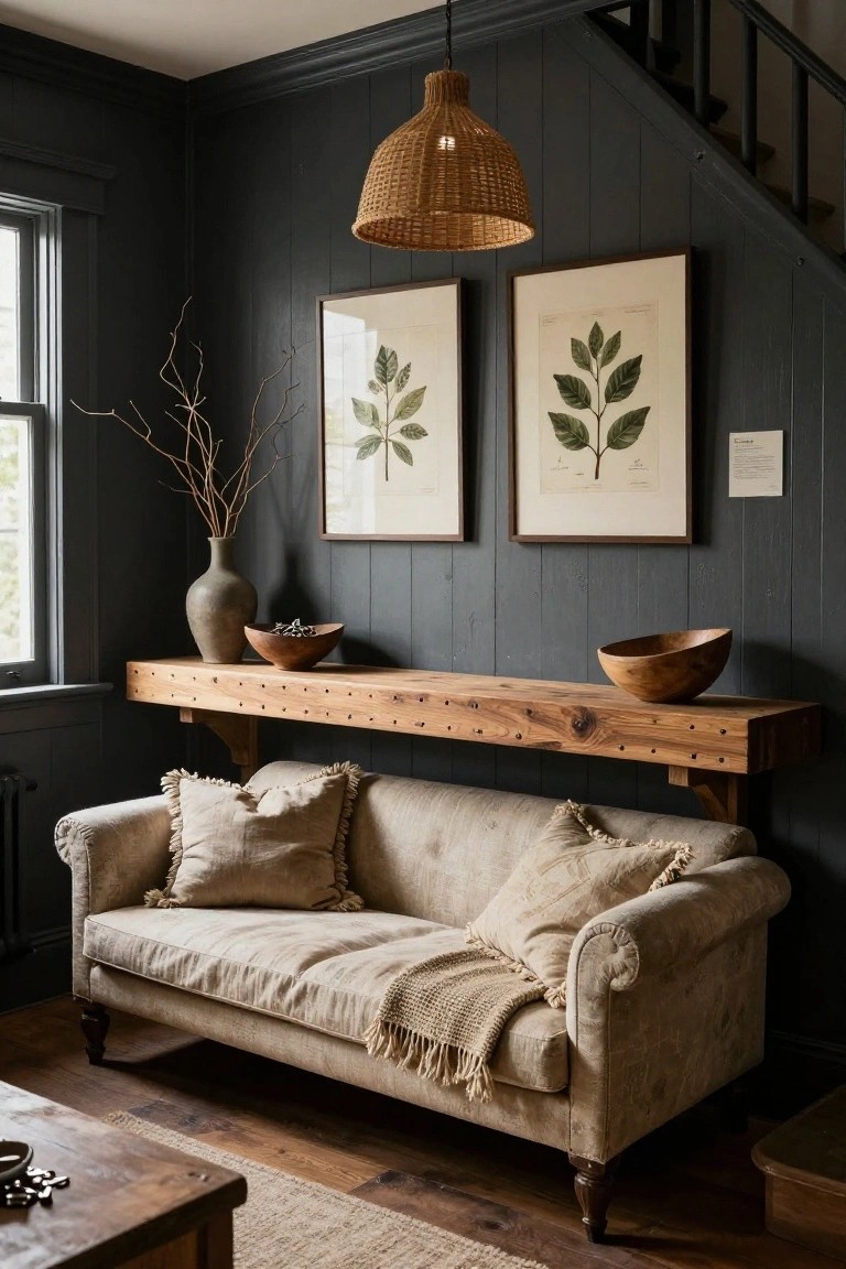 Cozy indoor sitting area with dark gray wood-paneled walls, floating wooden shelf holding wooden bowls and a gray vase with branches, two framed botanical leaf prints, cream linen sofa with fringed pillows and knitted throw, woven pendant light, and wooden side table.