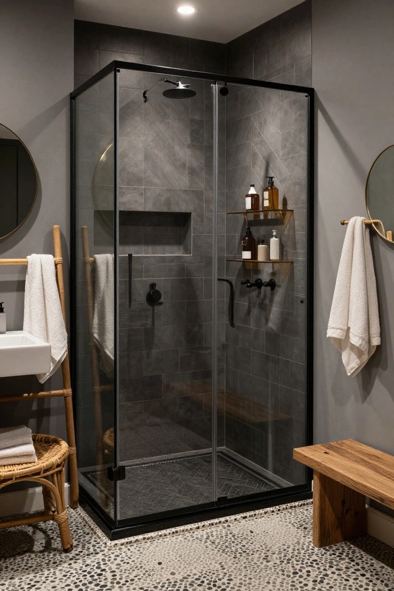 A small bathroom with black-framed glass shower enclosure featuring dark gray tiles on walls and herringbone-patterned floor, wood bench, rattan towel ladder and stool next to white sink, round mirrors, and pebble tile floor.