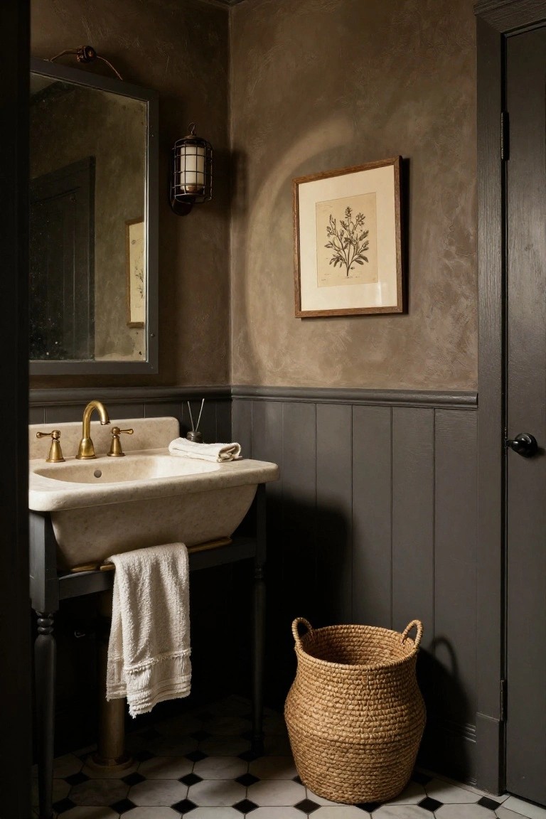 Small moody bathroom with white farmhouse sink on black legs, brass faucet, dark gray vertical wainscoting on lower walls, textured beige upper walls, black and white checkered tile floor, round mirror, lantern lights, botanical print, and seagrass basket.