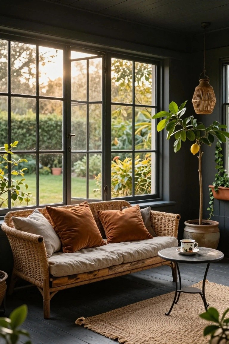 Sunroom with dark green painted walls and ceiling, rattan sofa topped with cream and rust velvet cushions, small metal table holding teacup and saucer, potted plants including lemon tree, large multipane windows overlooking garden, and seagrass rug on dark floor.