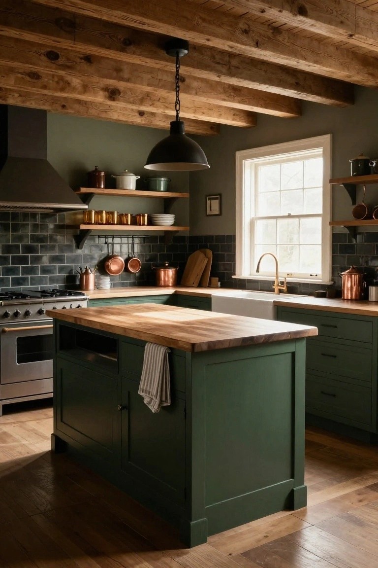Farmhouse kitchen with dark green cabinets and island topped in light wood, black subway tile backsplash, wooden beamed ceiling, open shelves holding copper pots and dishes, brass faucet over white farmhouse sink, and hardwood floors.