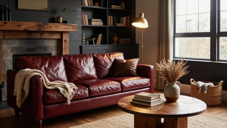 21 Moody Farmhouse Interior Looks For A Rich And Cozy Atmosphere A moody living room with black plank walls, stone fireplace, burgundy leather sofa and two armchairs, round wood coffee table, seagrass rug, and floating black shelves holding books and vases.