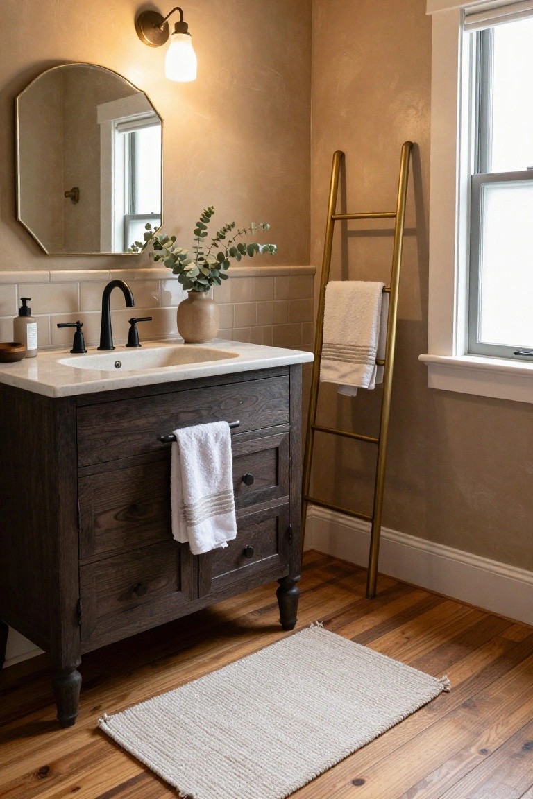 A bathroom corner with dark wood vanity and white undermount sink, brass gooseneck faucet, gold arch mirror above, freestanding brass ladder holding white towels, eucalyptus stems in vase, beige walls, and wood floor with rug.