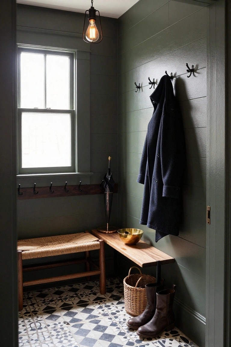 Small interior mudroom with sage green plank walls, rattan-seated wooden bench, wall-mounted coat hooks holding a dark coat and umbrella stand, wicker basket with leather boots, black-and-white patterned tile floor, and hanging Edison bulb light.