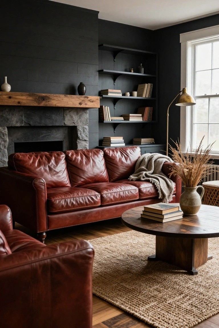A moody living room with black plank walls, stone fireplace, burgundy leather sofa and two armchairs, round wood coffee table, seagrass rug, and floating black shelves holding books and vases.