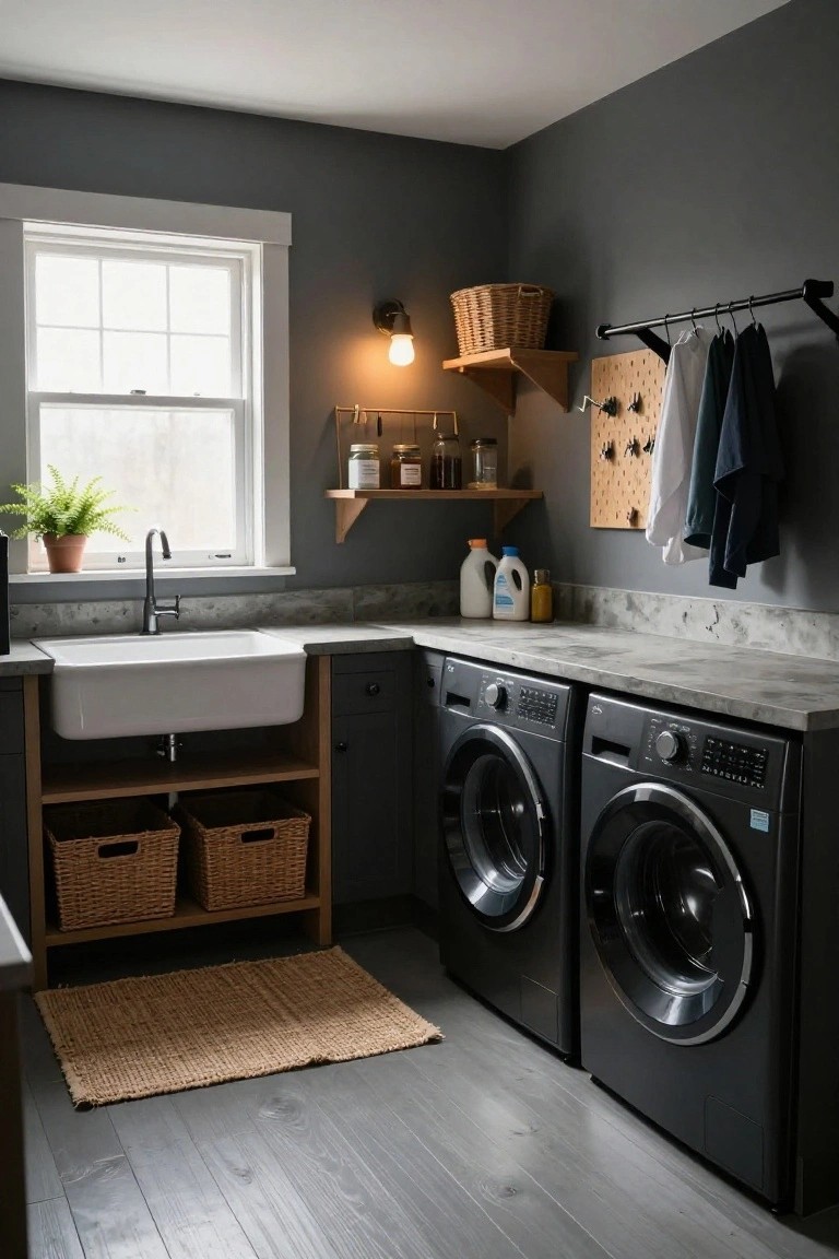 Dark gray laundry room interior with white farmhouse sink on gray countertop, black washer and dryer duo, wood open shelves with wicker baskets, pegboard wall with hanging clothes, and a potted plant near the window.