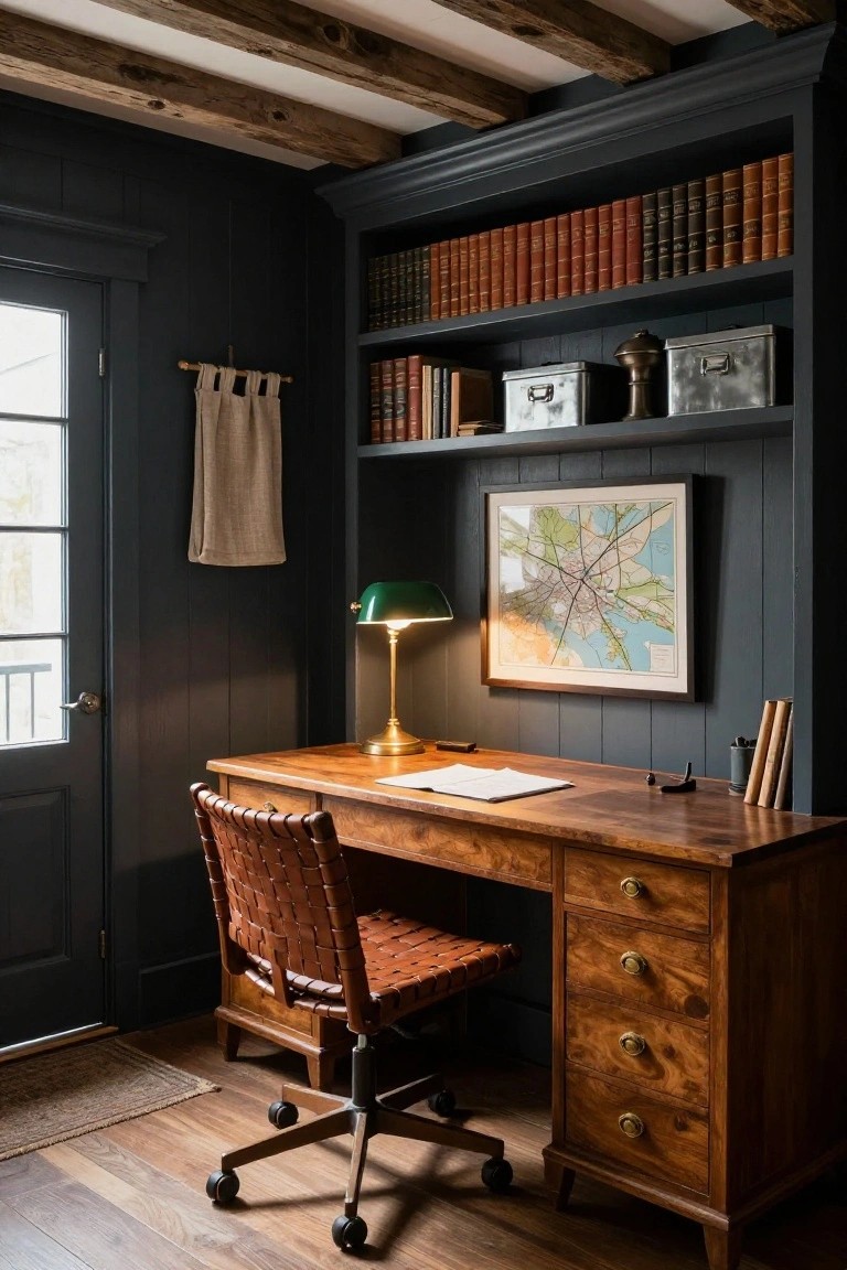 Dark navy paneled home office with wooden desk, leather chair on wheels, built-in bookshelves, green banker's lamp, and a framed map on the wall.