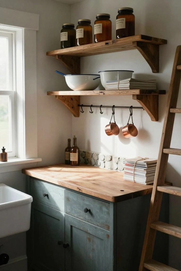 Farmhouse kitchen corner with teal cabinets, wooden countertop and open shelves stocked with labeled glass jars, white bowls, books, and bottles, hanging copper mugs on hooks, white sink, and wooden ladder leaning against the wall beside a window.