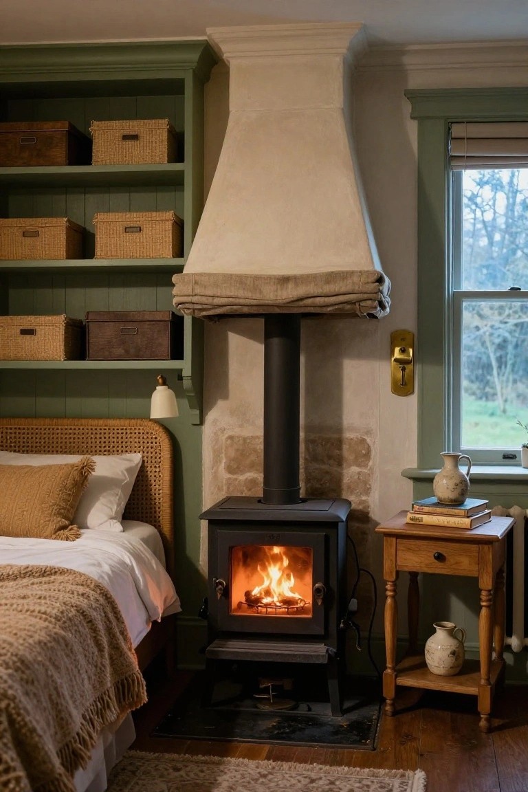 Cozy bedroom with a lit wood-burning stove beside a bed and window.