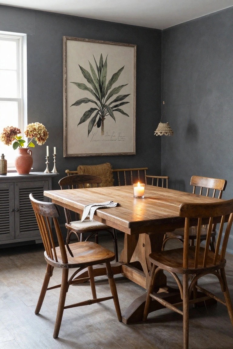 Dining room featuring dark gray walls, a rectangular wooden farmhouse table with matching wooden chairs, a lit candle and linen napkin on the table, potted hydrangeas, candlesticks, and a large framed botanical leaf artwork.