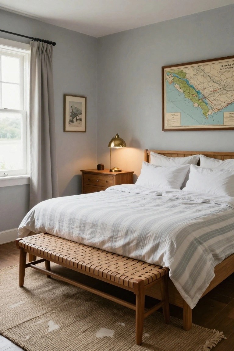Light gray bedroom with wooden bed frame and nightstand, white striped linen bedding, low wooden bench with wicker seat at bed foot, brass lamp, framed map on wall, and window with beige curtains.