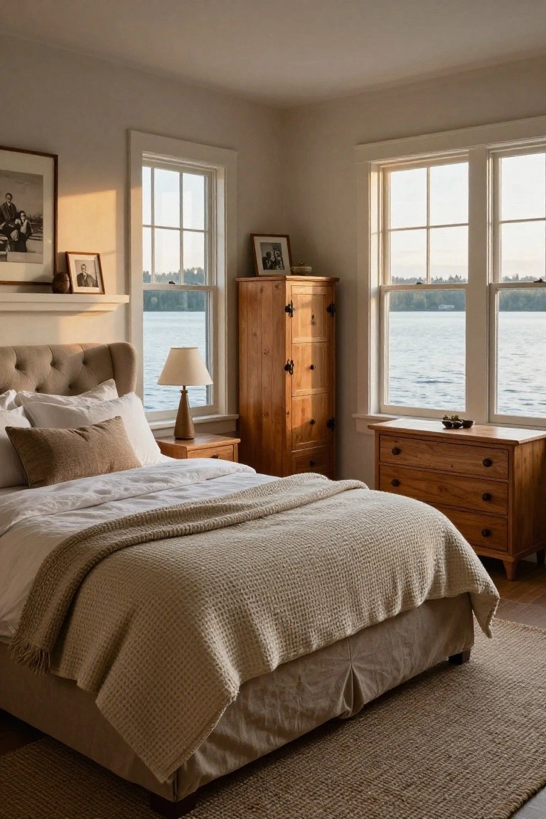 Corner of a bedroom with beige tufted headboard bed draped in white sheets and beige knit throw, wooden armoire and dresser nearby, table lamp on nightstand, and large multi-pane windows overlooking a lake.
