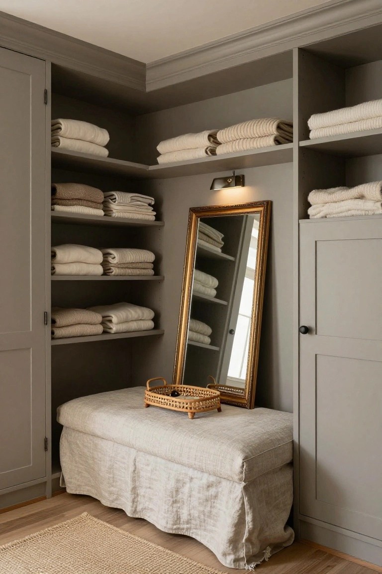 Corner room with tall gray built-in cabinets featuring open shelves stacked with folded white and beige towels, a gold-framed wall mirror reflecting shelves, a linen-upholstered bench with woven basket, and seagrass rug on wood floor.