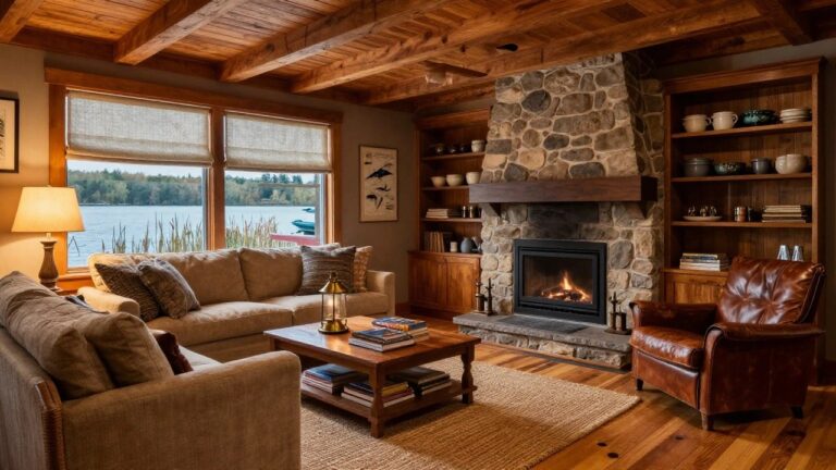 Rustic living room interior with a tall fieldstone fireplace, wooden mantel and built-in bookshelves, linen sofa, leather armchair, coffee table, and large windows showing a lake view.