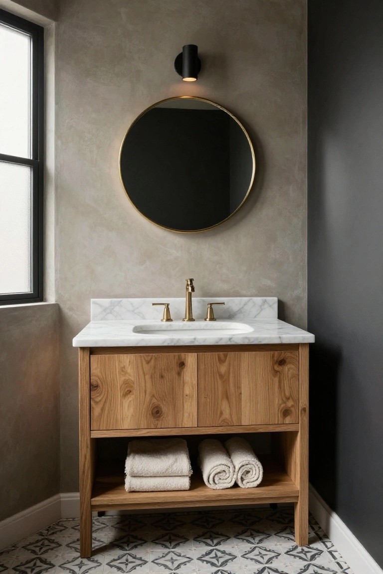 Close-up view of a bathroom vanity with light wood cabinetry featuring natural grain and knots, white marble countertop with undermount sink and gold faucet, open lower shelf holding rolled white towels, large round black-framed mirror above, neutral textured walls, black window frame, wall sconce, and black and white patterned floor tiles.
