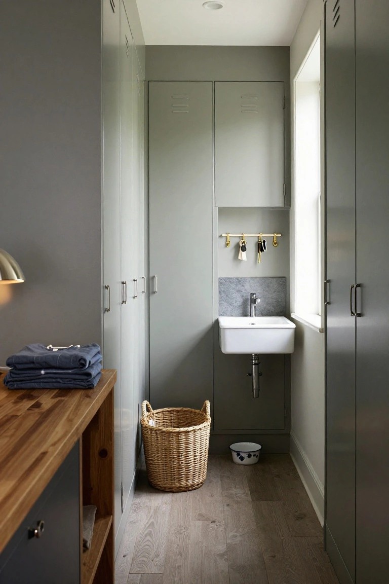 Narrow interior utility room with tall grey wardrobes lining both walls, white sink in a stone-backed niche, wood countertop and cabinet, wicker laundry basket, small dog bowl, key hooks, and light oak flooring.