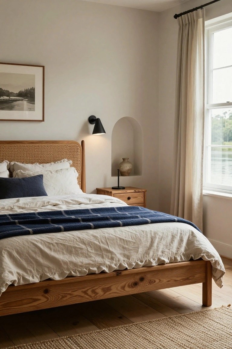 Corner view of a light bedroom with wooden bed frame and rattan headboard, white ruffled bedding, navy plaid throw, wooden nightstand, black sconce on arched niche with terracotta vase, sheer curtains on window overlooking lake.