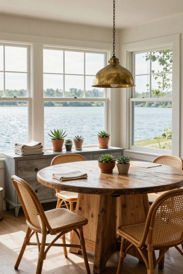 Sunlit interior dining area with round wooden table, four rattan chairs, potted succulents on table and nearby credenza, folded linens, brass pendant light, and large windows overlooking a lake.