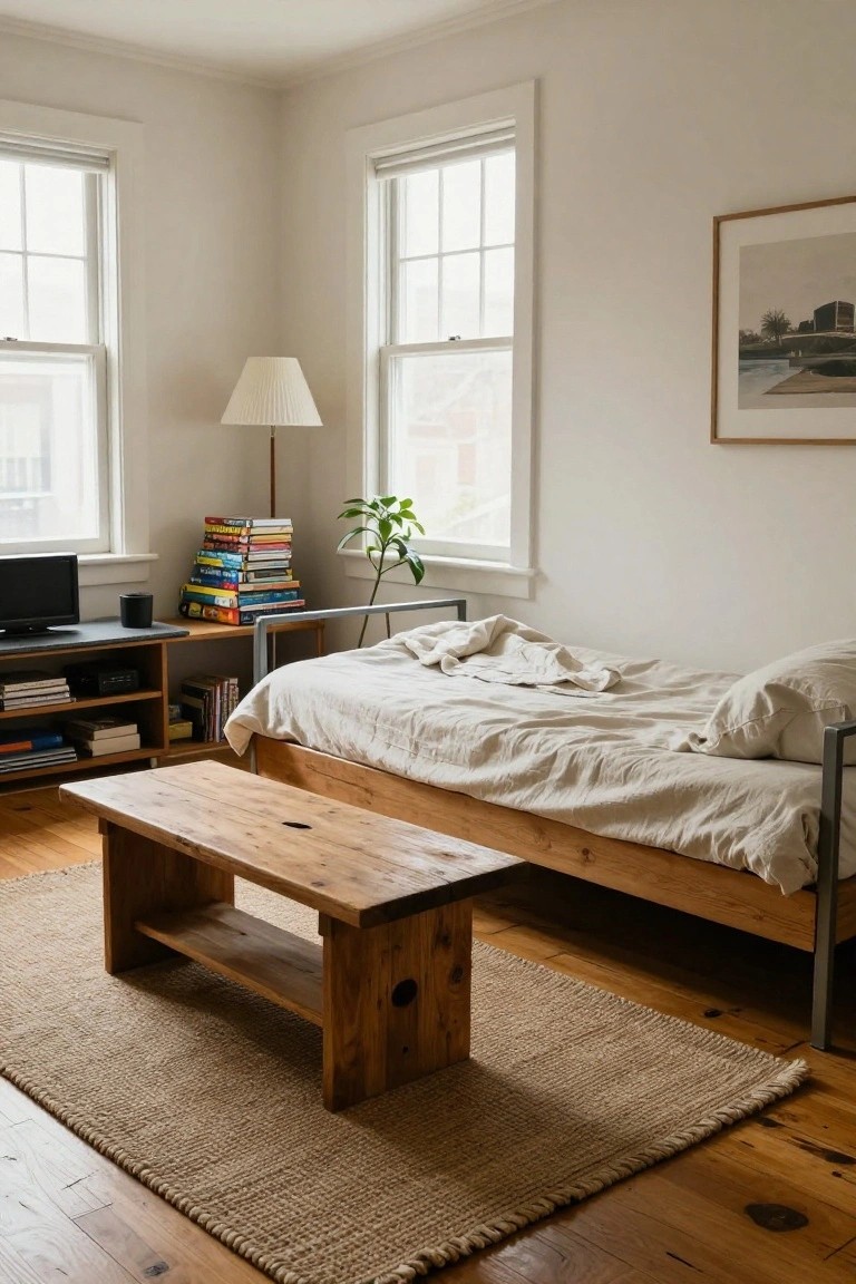 Corner of a light-filled bedroom with a low wooden bench on a seagrass rug, wooden daybed with white linens, bookshelves, potted plant, lamp, and framed art on white walls.