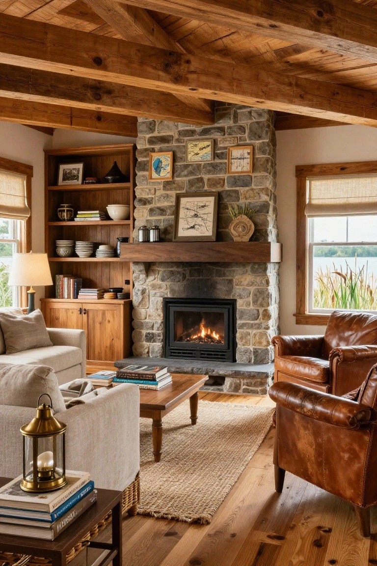 Rustic living room interior with a tall fieldstone fireplace, wooden mantel and built-in bookshelves, linen sofa, leather armchair, coffee table, and large windows showing a lake view.