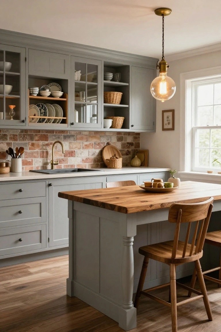 Rustic kitchen with light grey shaker-style cabinets, exposed red brick backsplash, brass gooseneck faucet over white sink, wooden island countertop with two wooden stools, and open shelves displaying dishes.