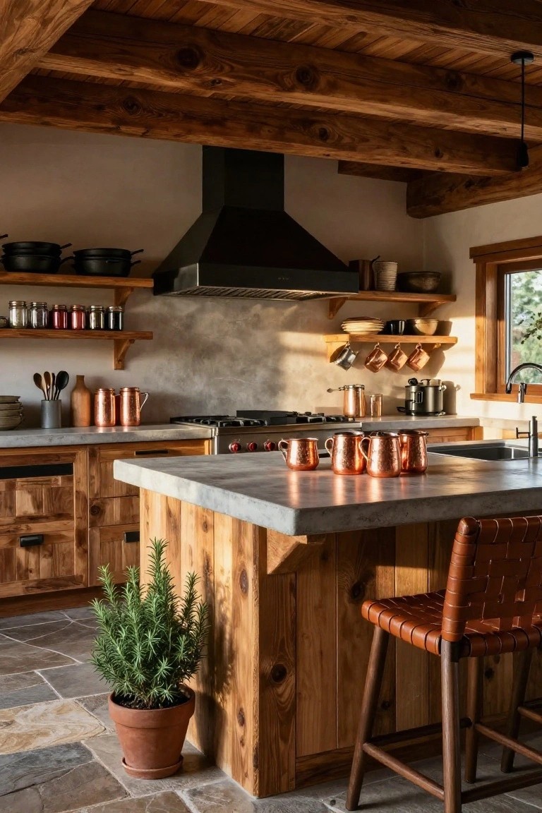 Rustic kitchen with exposed wooden beams on ceiling, wooden cabinets and island base, concrete countertops, copper pots mugs and cookware on shelves and counters, jars on open shelving, and potted rosemary plant near island.