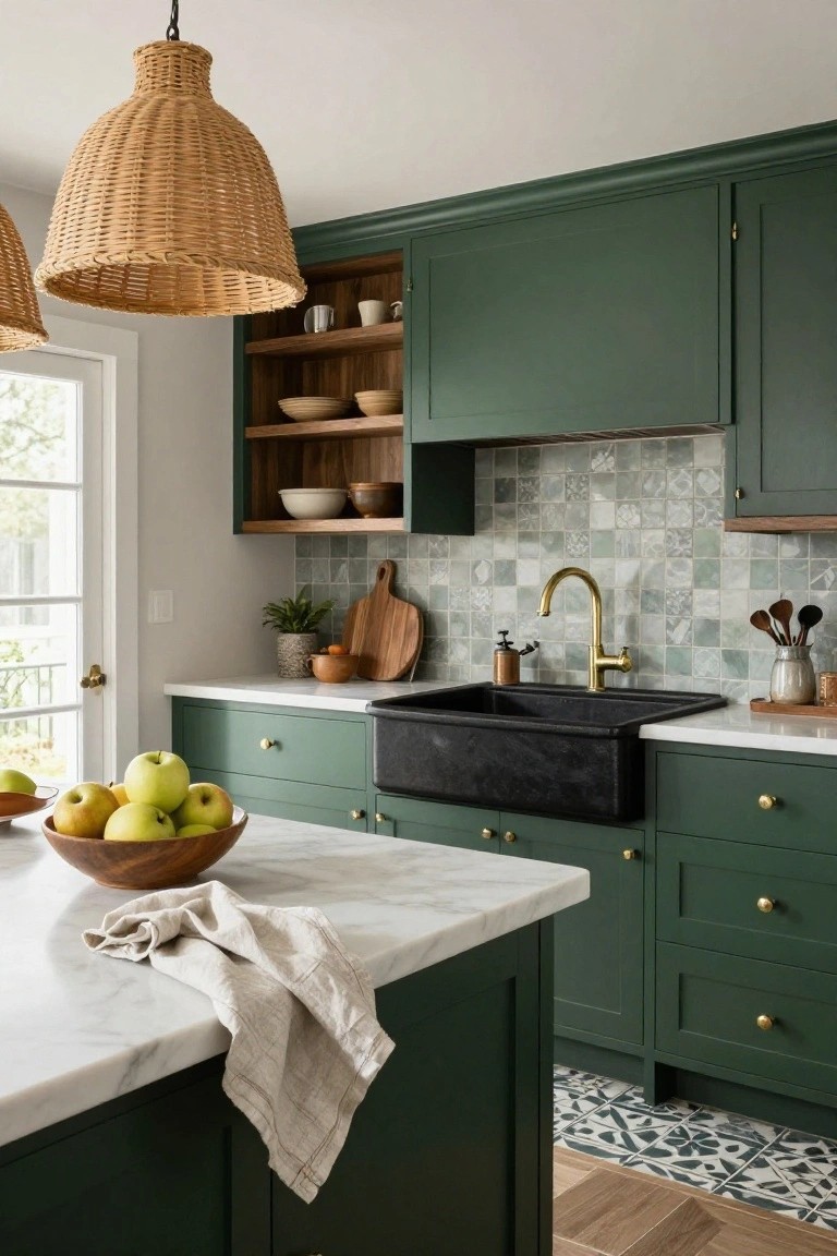 Kitchen interior with deep green shaker-style cabinets, white marble countertops and island, black farmhouse sink, gold faucet, woven rattan pendant lights, wood open shelves, green patterned tile backsplash, and tiled floor.