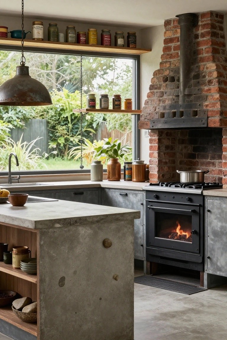 Rustic kitchen interior with tall exposed brick chimney breast housing a black wood-burning stove next to a gas cooktop, concrete island counter, metal cabinets, open shelves with jars and pots, and large window to garden.