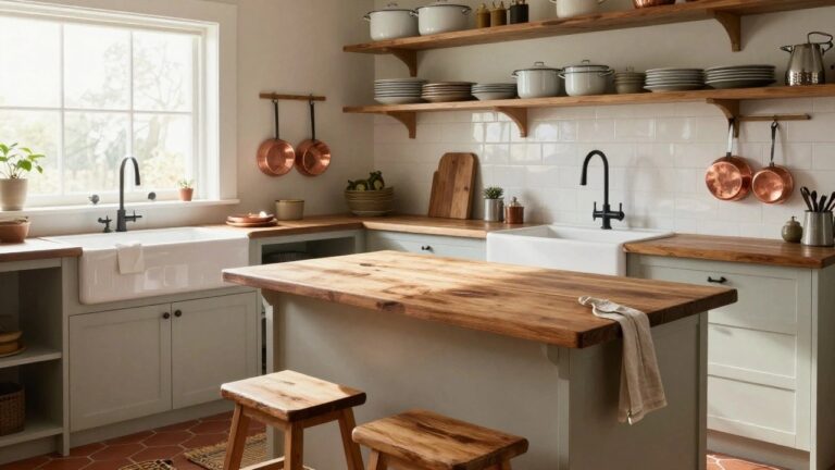 Rustic kitchen with sage green lower cabinets, natural wood upper cabinets and island, butcher block countertops, white subway tile backsplash, farmhouse sink with black faucet, hanging copper pots, and wooden stool on terracotta tile floor.