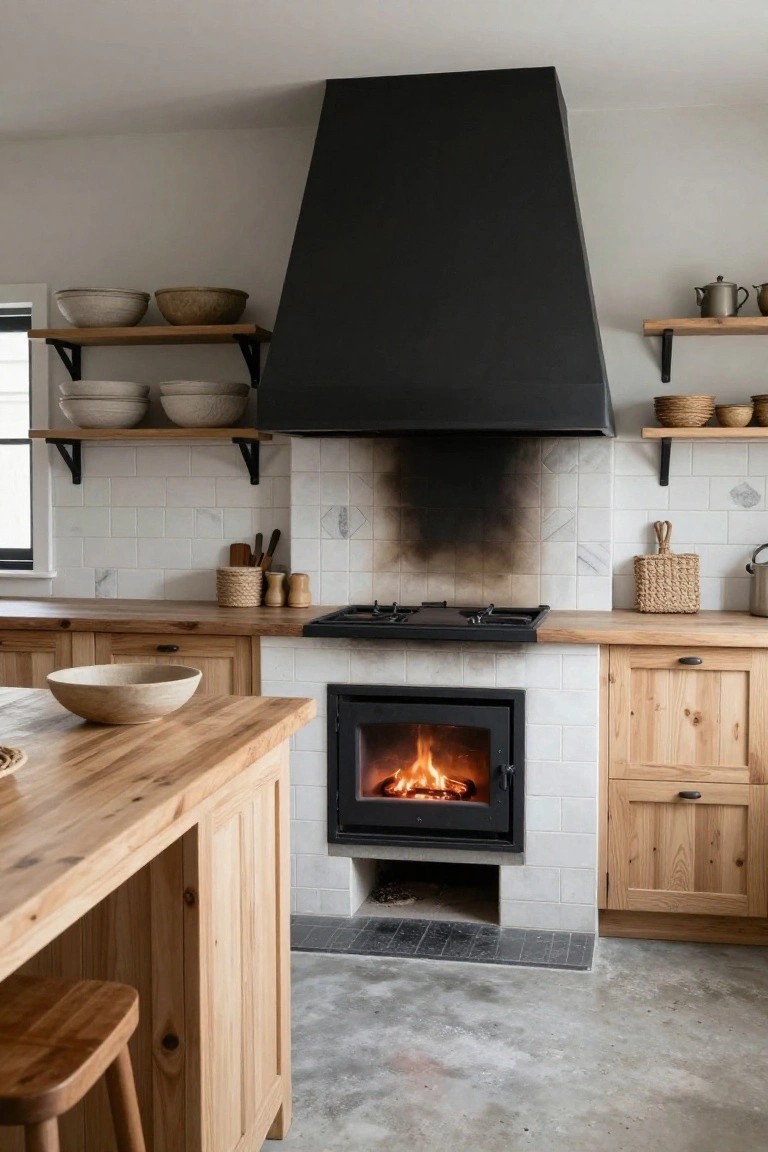 Rustic kitchen with built-in wood-burning fireplace in the wooden island, natural wood cabinets and countertops, white subway tile backsplash, black range hood over gas cooktop, and open wooden shelves holding pottery bowls and utensils.