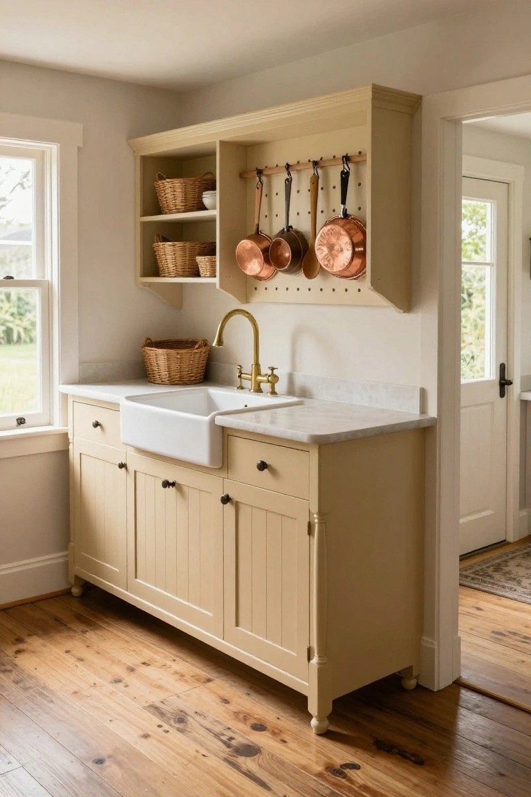 Pale cream kitchen cabinetry with open shelves holding wicker baskets, a white farmhouse sink and brass faucet on white marble countertop, copper pots and pans hanging from wooden pegs on the cabinet front, viewed from a corner with wooden floors and windows showing greenery outside.