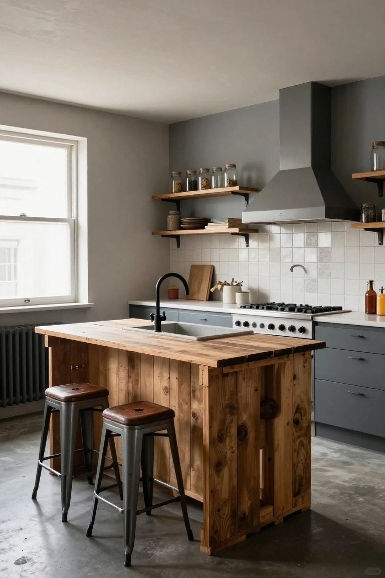 Kitchen interior with a central rustic wooden island featuring a sink, flanked by two stools, gray lower cabinets, white subway tile backsplash, gas range, and open shelving.