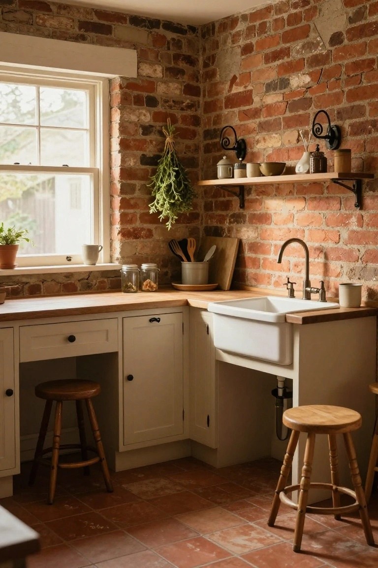 Rustic kitchen corner with exposed red brick walls, wooden butcher block countertops, white farmhouse sink, cream cabinets, wooden stools, hanging herbs, and shelves with jars.