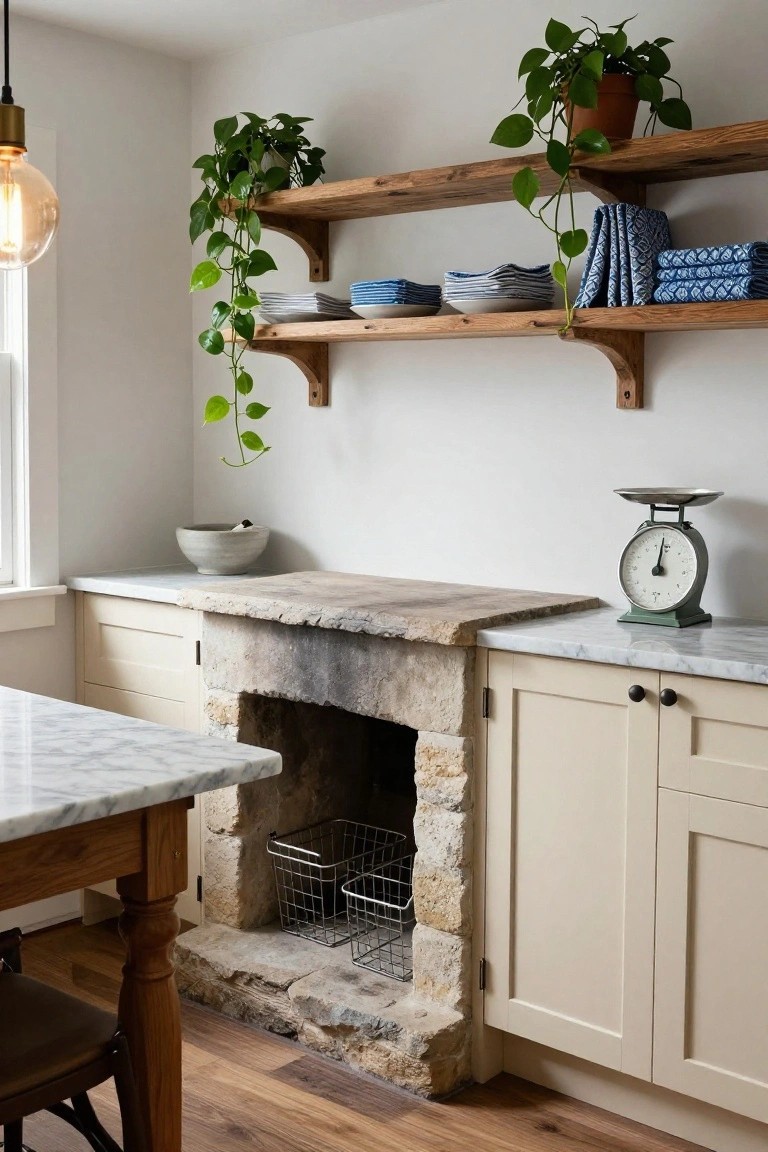 Kitchen interior with rustic stone fireplace flanked by cream cabinets, wooden shelves holding plants and blue dishes above, marble countertop nearby, vintage scale, wooden table, and chair on hardwood floor.