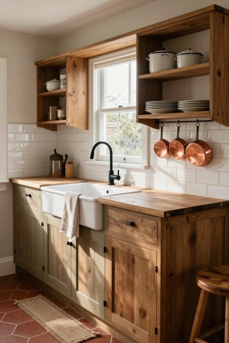 Rustic kitchen with sage green lower cabinets, natural wood upper cabinets and island, butcher block countertops, white subway tile backsplash, farmhouse sink with black faucet, hanging copper pots, and wooden stool on terracotta tile floor.