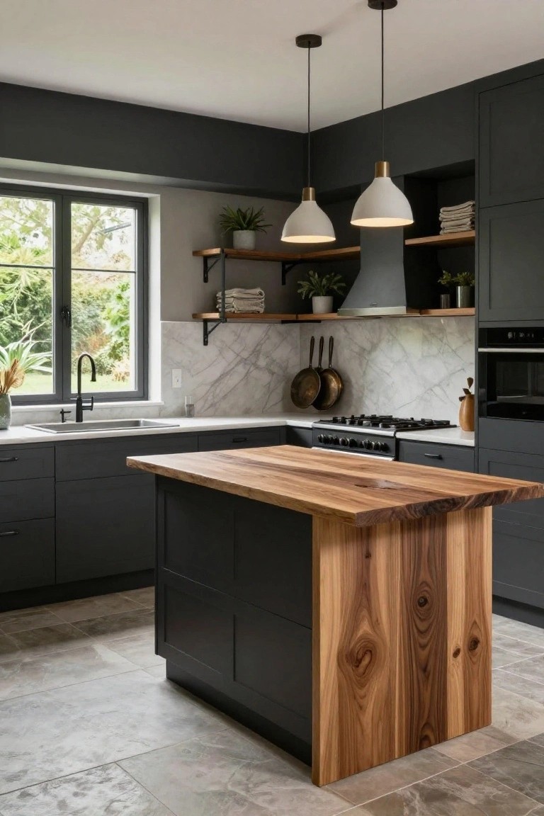 Kitchen interior with dark gray cabinets, white marble backsplash, gas cooktop, sink under window, and central island topped with live-edge wood.