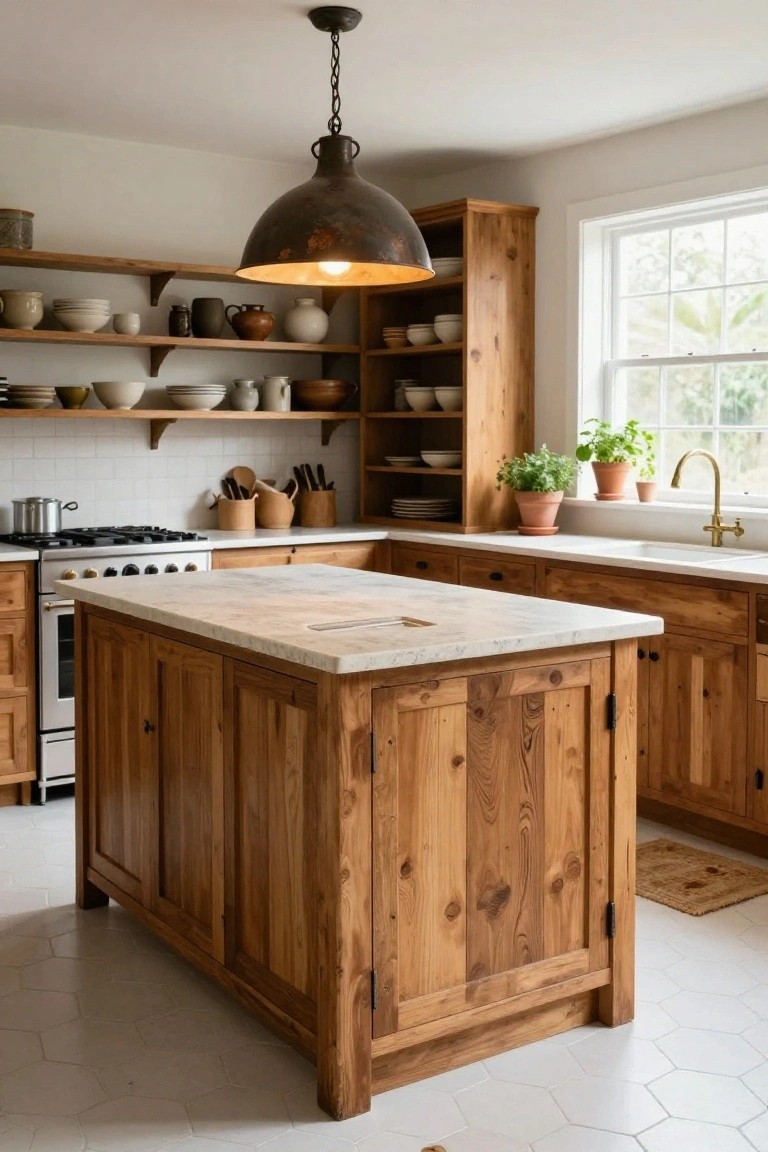 A rustic kitchen with a central wooden island topped in white marble, matching wood cabinets, open shelves holding pottery and bowls, white subway tile backsplash, and a brass faucet by a window.