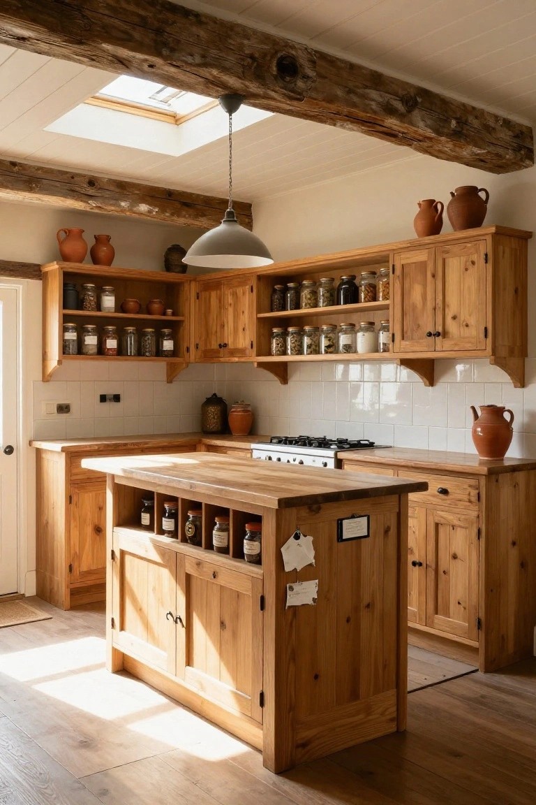 Rustic kitchen with pine wood cabinets, open shelves stocked with jars and spices, a central wooden island featuring wine bottle racks and drawers, terracotta pots, exposed beams, and a skylight.
