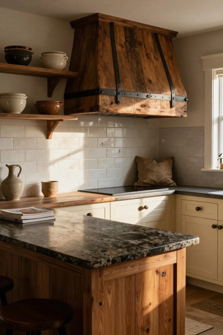 Rustic kitchen interior with large wooden range hood featuring black metal straps, white subway tile backsplash, granite countertops, wooden island, and cream cabinets.