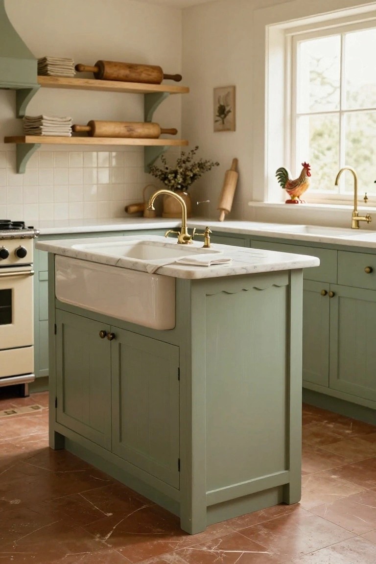 Sage green freestanding wooden kitchen island with white farmhouse sink, gold faucet, marble countertop, flanked by cream appliances and open wooden shelves with rolling pins and linens in a tiled kitchen.