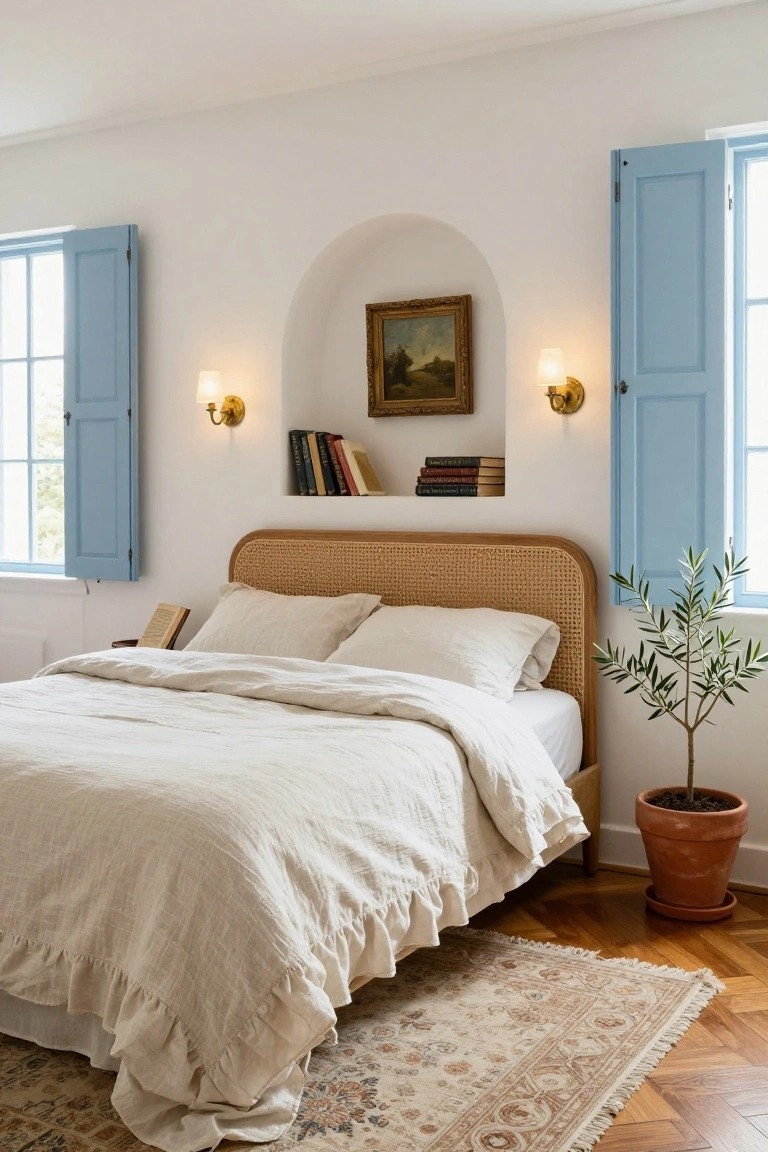 Bedroom with rattan headboard bed draped in white linens, arched wall niche containing books and a framed painting lit by brass sconces, blue shutters on two windows, potted olive tree, and patterned rug on wood floors.