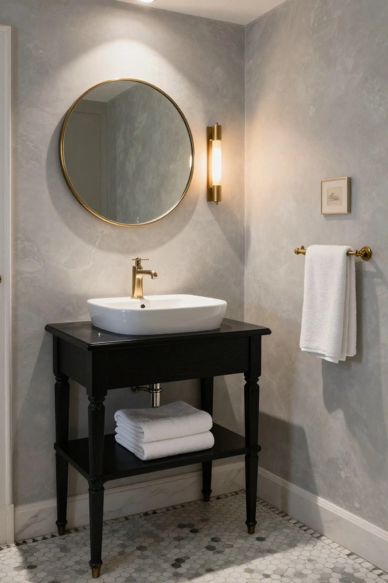 Bathroom corner with black wooden console vanity holding white vessel sink and gold faucet, round gold-framed mirror above, gold towel bar with white towel to the side, stacked towels on lower shelf, against textured gray walls and gray-white hexagonal floor tiles.