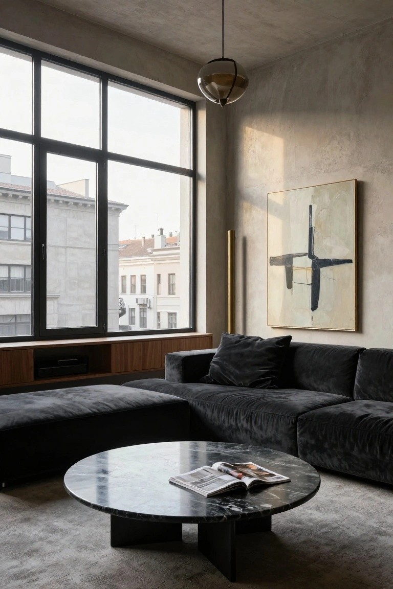 A modern living room interior featuring a large black velvet L-shaped sofa, round black marble coffee table on a gray rug, wood cabinetry below large windows, concrete walls, abstract painting, gold floor lamp, and city view outside.
