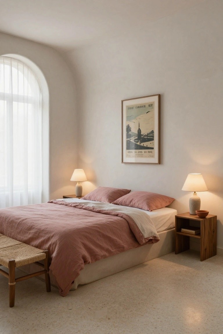 A minimalist bedroom with a low platform bed draped in blush pink linen bedding and white sheets, flanked by wooden nightstands holding ceramic lamps and a bowl, sheer curtains on an arched window, and a framed vintage poster on the wall.