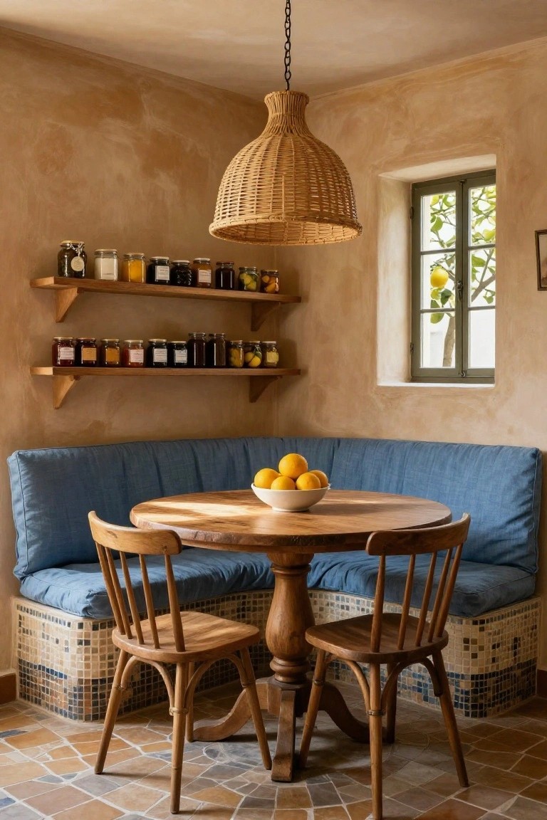 Corner blue banquette seating with wooden table and chairs in a rustic kitchen featuring wooden shelves of jars, woven pendant light, and window with lemon tree outside.