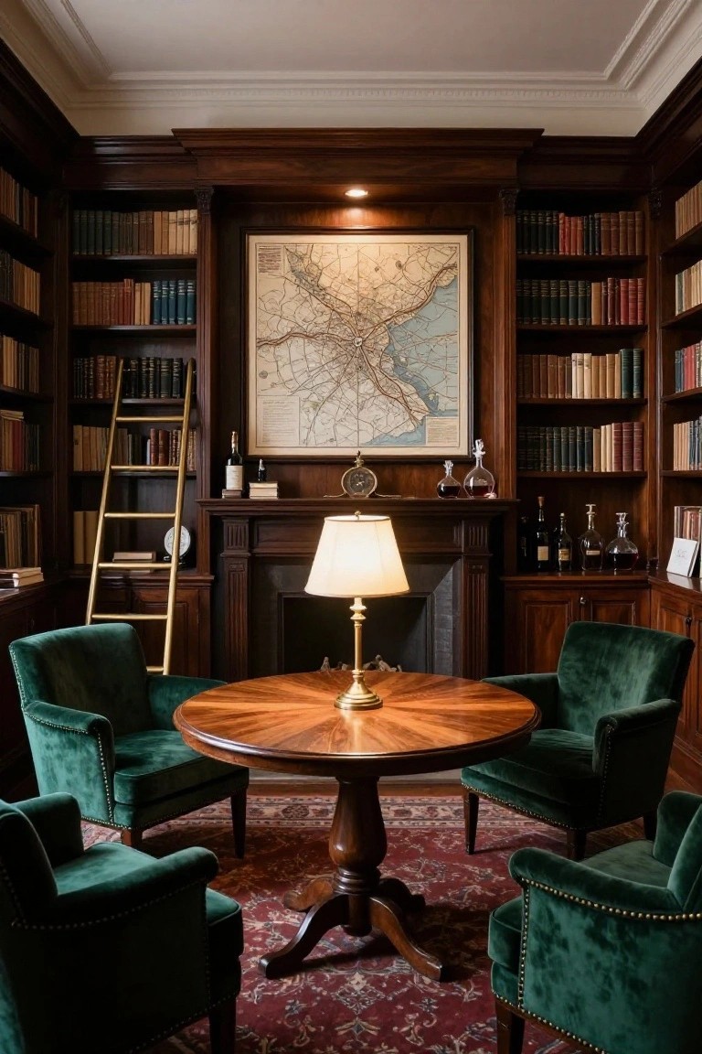 Wood-paneled library room with floor-to-ceiling bookshelves, gold ladder, large framed map of a city, fireplace, round wooden table, four green velvet armchairs, lamps, decanters, and a red rug.