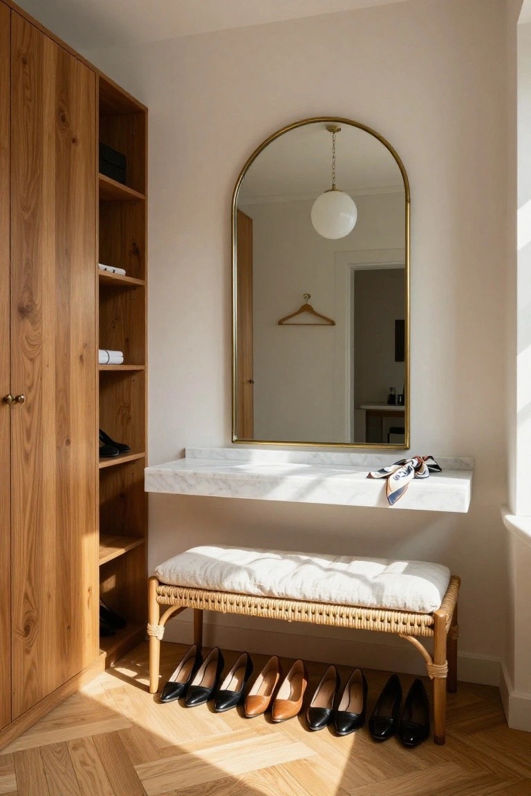 Walk-in closet with tall wooden wardrobes, gold arched mirror over floating white marble shelf holding a scarf, rattan bench with white cushion, and multiple pairs of black and nude high-heel shoes arranged on herringbone wood floor.