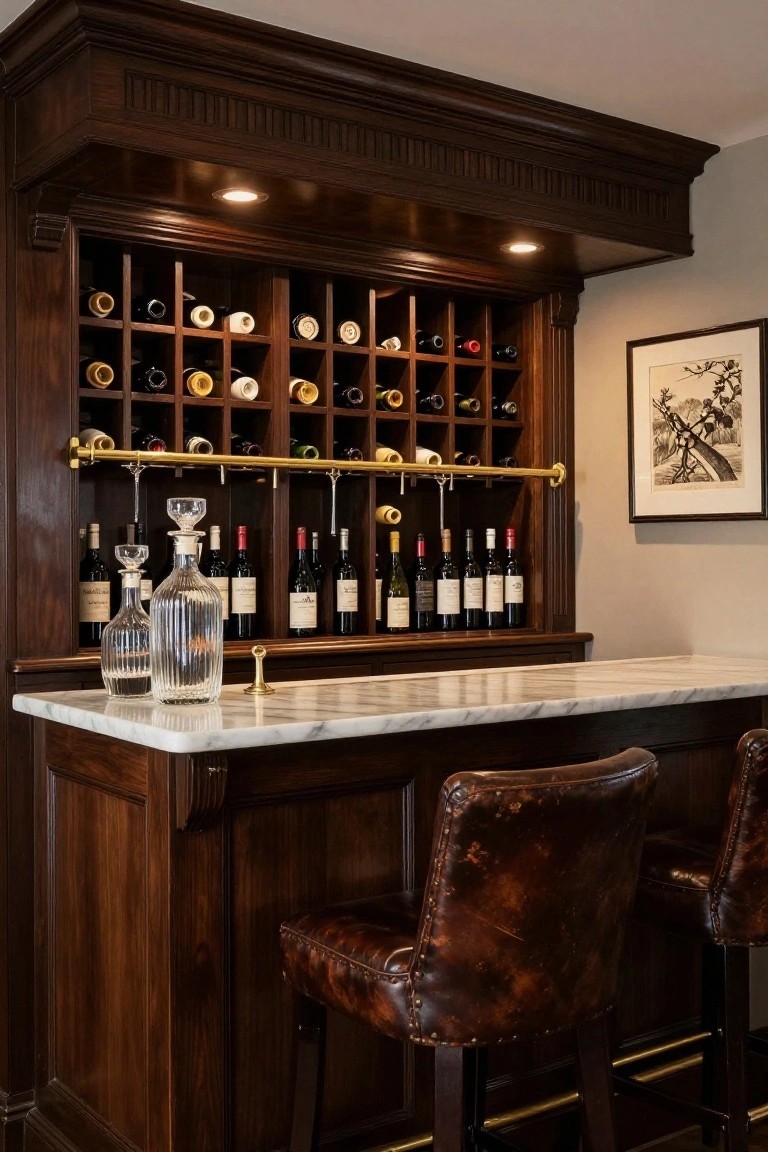 Wooden cabinetry featuring wine racks filled with bottles, decanters on a white marble bar top, gold hanging rail for stemware, and two brown leather bar stools.