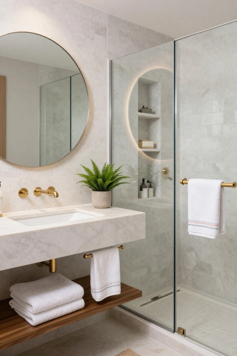 Contemporary bathroom with light gray marble tiled walls and shower enclosure, white marble floating vanity, large round brass mirror above it, gold faucets, potted fern plant, stacked towels on wooden shelf below vanity, and brass towel bar on shower door.
